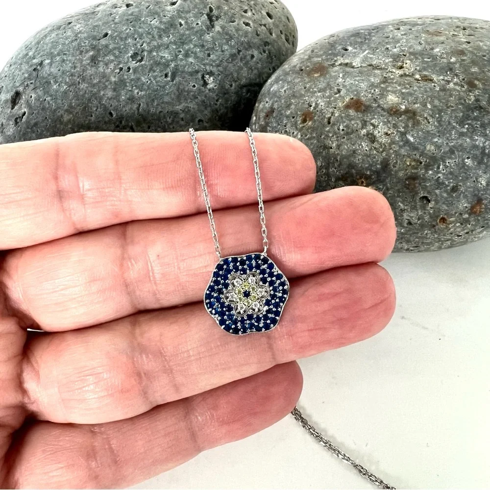 FLOWER Dainty 925 Sterling Silver Blue Clear Rhinestone Adjustable Necklace - Picture 3 of 9